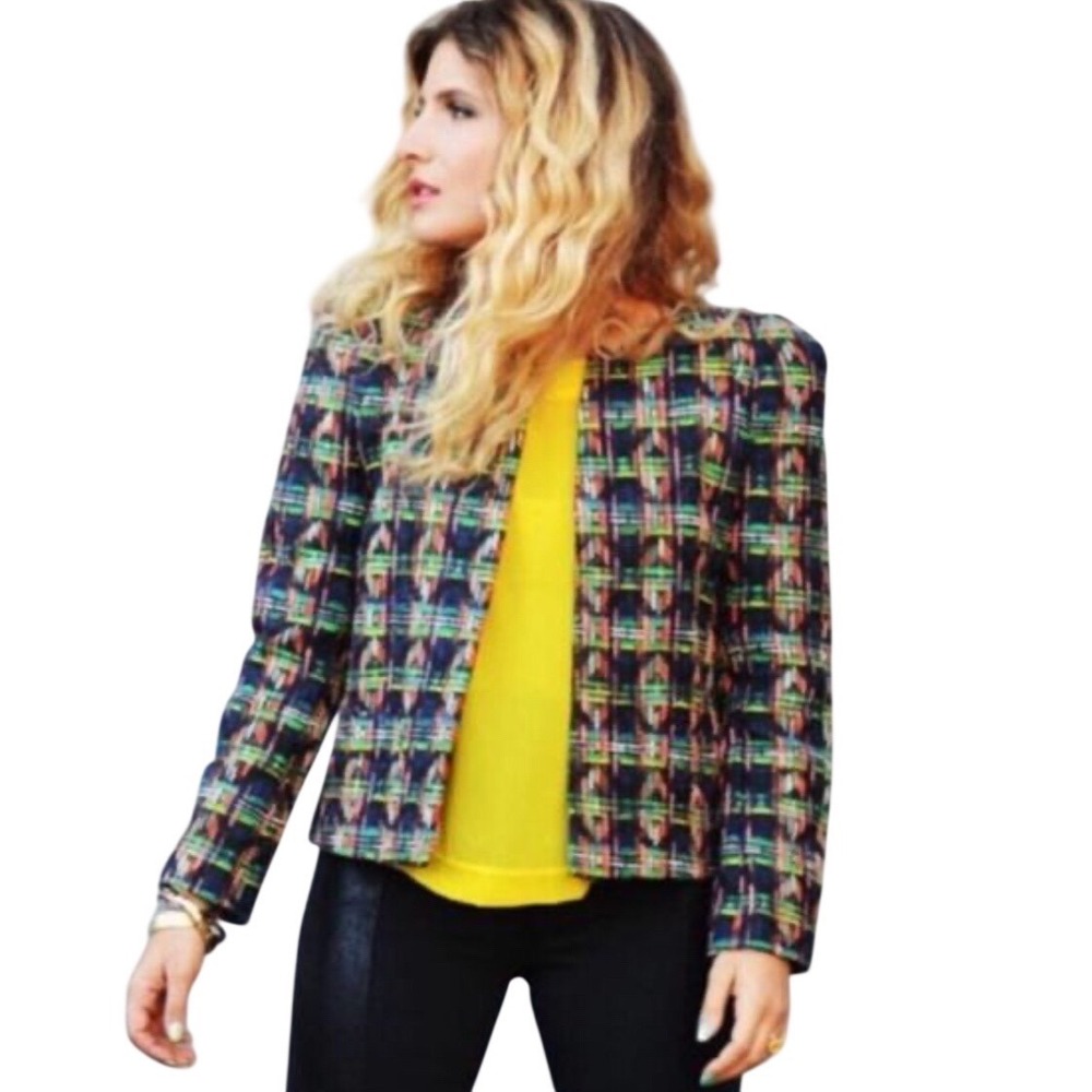 ZARA WOMAN Multicolor Plaid Tweed‎ Collarless Blazer Jacket Shoulder M